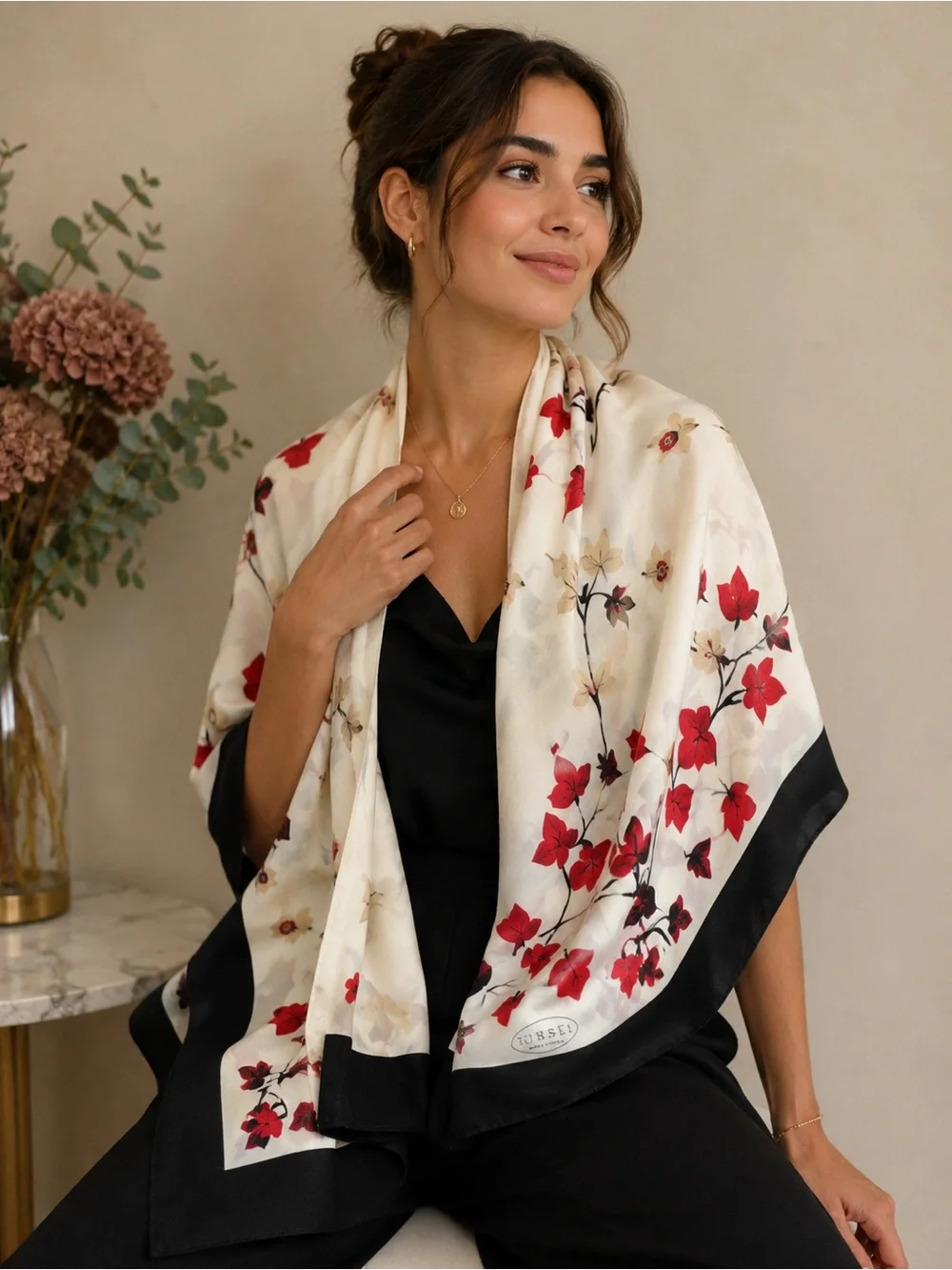 Elegant Floral Silk-Feel Scarf - Cream with Red Blooms 44x44 in
